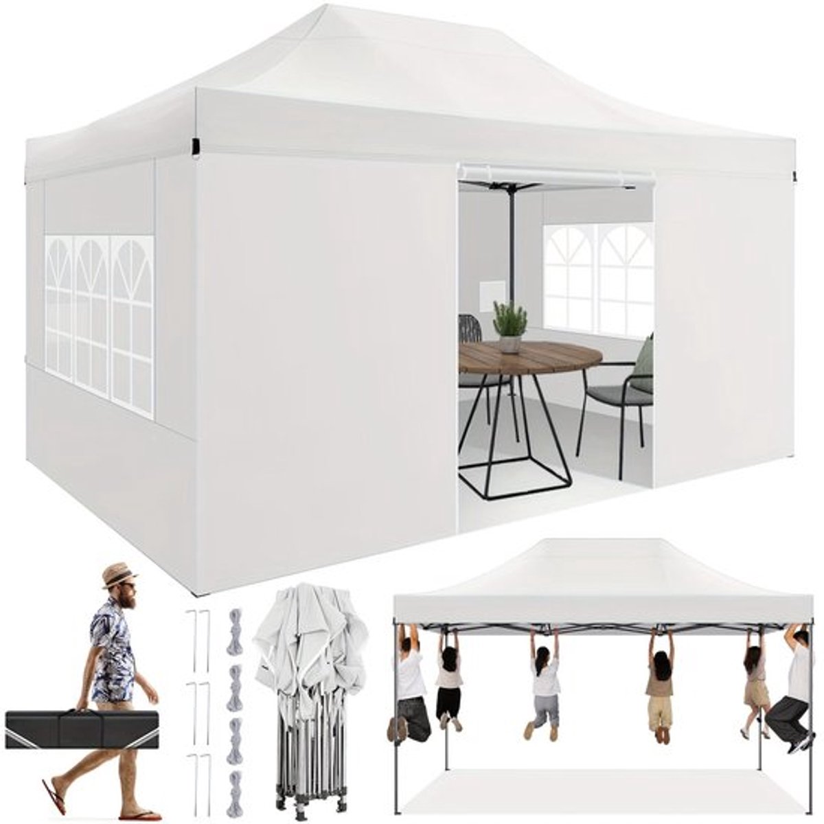 Feesttent – Partytent – Paviljoen – Tuintent – Overkapping – Pop-up Tent 3,05x4,57m – Hoogte Verstelbaar – Met Afneembare Zijwanden