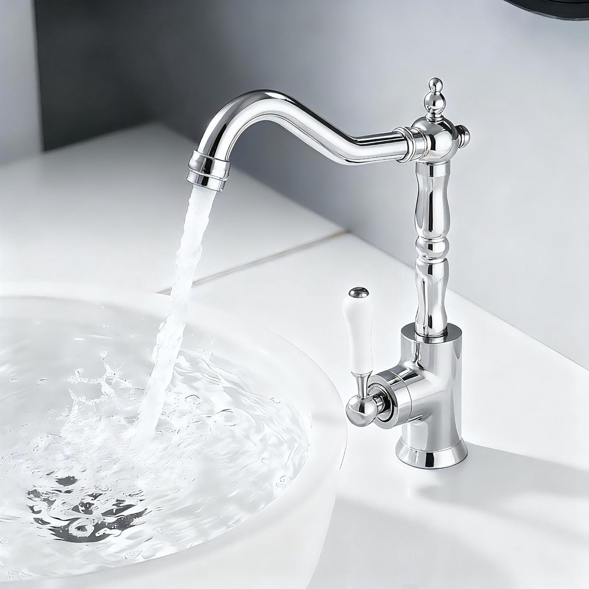 Retro Keukenmengkraan met 360° Draaifunctie, Enkelvoudige Hendel voor Badkamer en Keuken, Hoogte 280 mm, Chroom Messing Waterkraan voor Wastafel en Sanitair