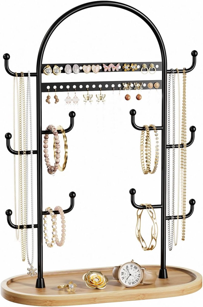 SnelShoppen - Grote Sieraden Organizer met Haken, Multifunctionele Sieradenstandaard, Houten Sieradenhouder, Earring Storage, Antitangle Design, Zwart