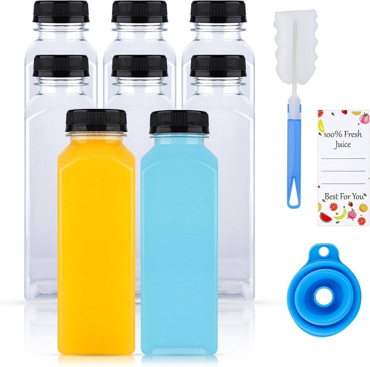 SnelShoppen - 8 Stuks 400ml Herbruikbare Plastic Shotflessen - Transparante Smoothie- en Sapflessen voor Fridge, Juicer, Water, Melk - Duurzaam, Tempe