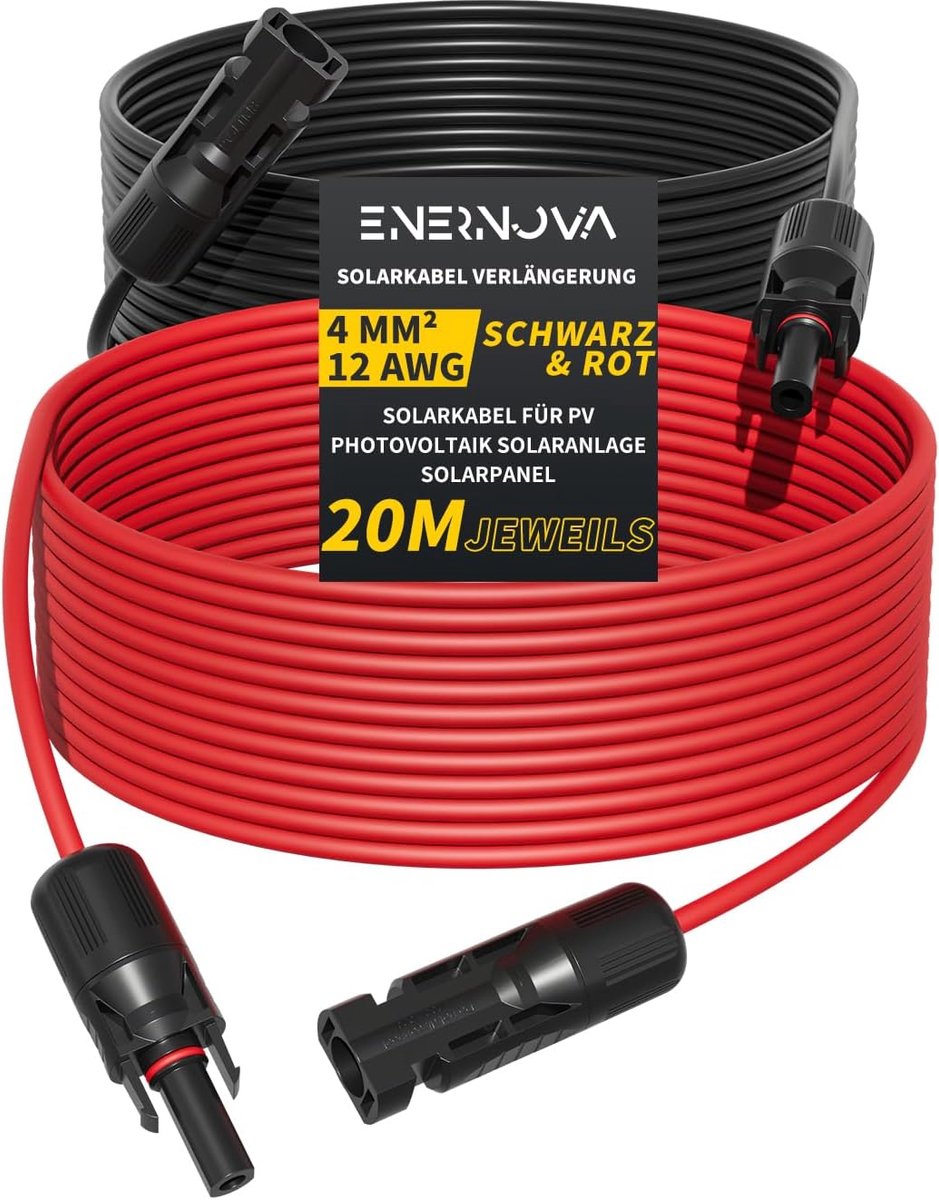 SnelShoppen - Solarkabel 4 mm²/6 mm² Verlengkabel 20 m - Multi-Contact Zonnekabel IP67 Waterdicht voor Tuin, Camping, en Solar Installaties