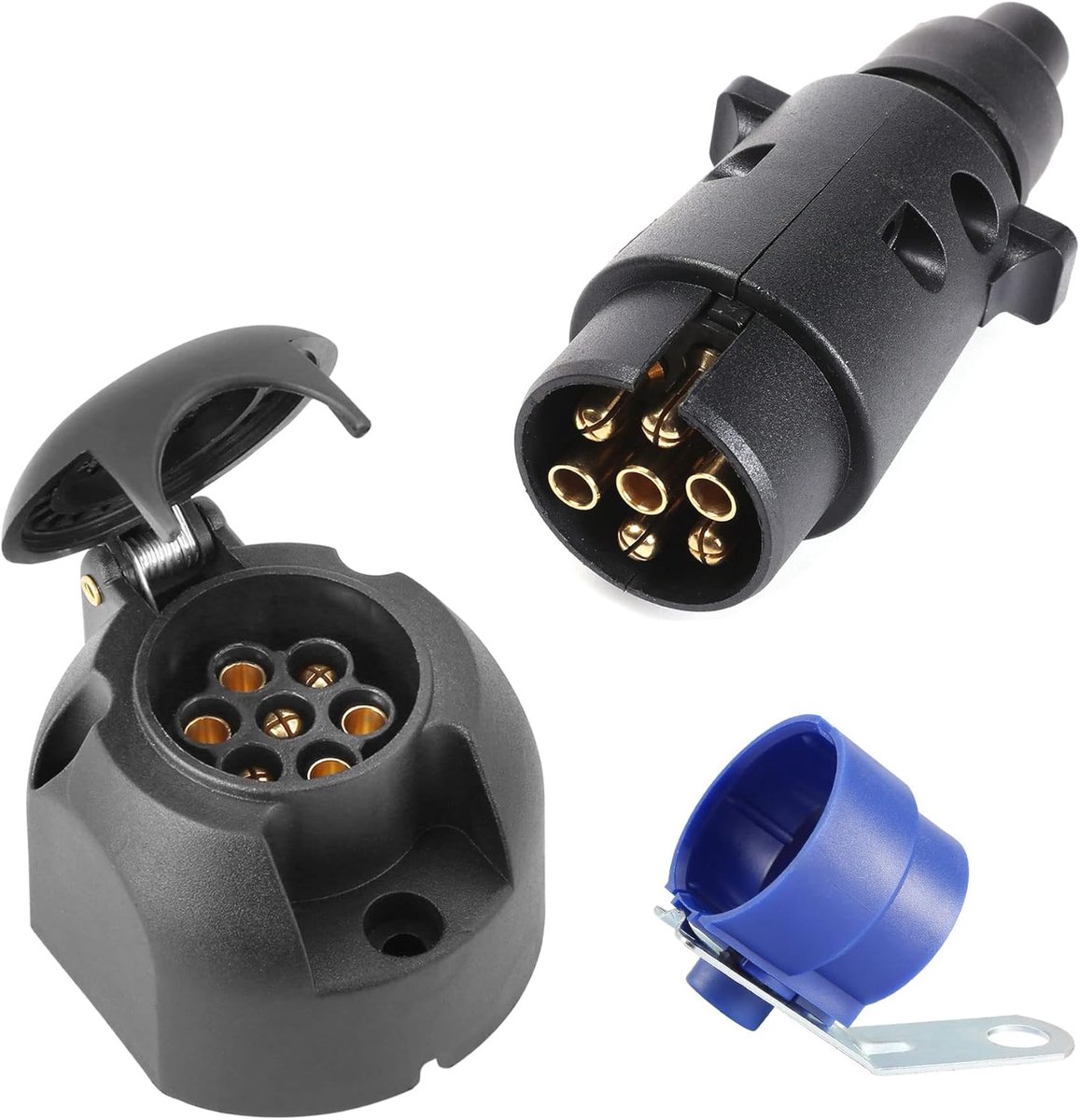 SnelShoppen - 7-pins Trailer Plug met Stekkerhouder - 12V - Blauw - Geschikt voor Caravans, Tractors, en Aanhangwagens - Duurzaam en Betrouwbaar