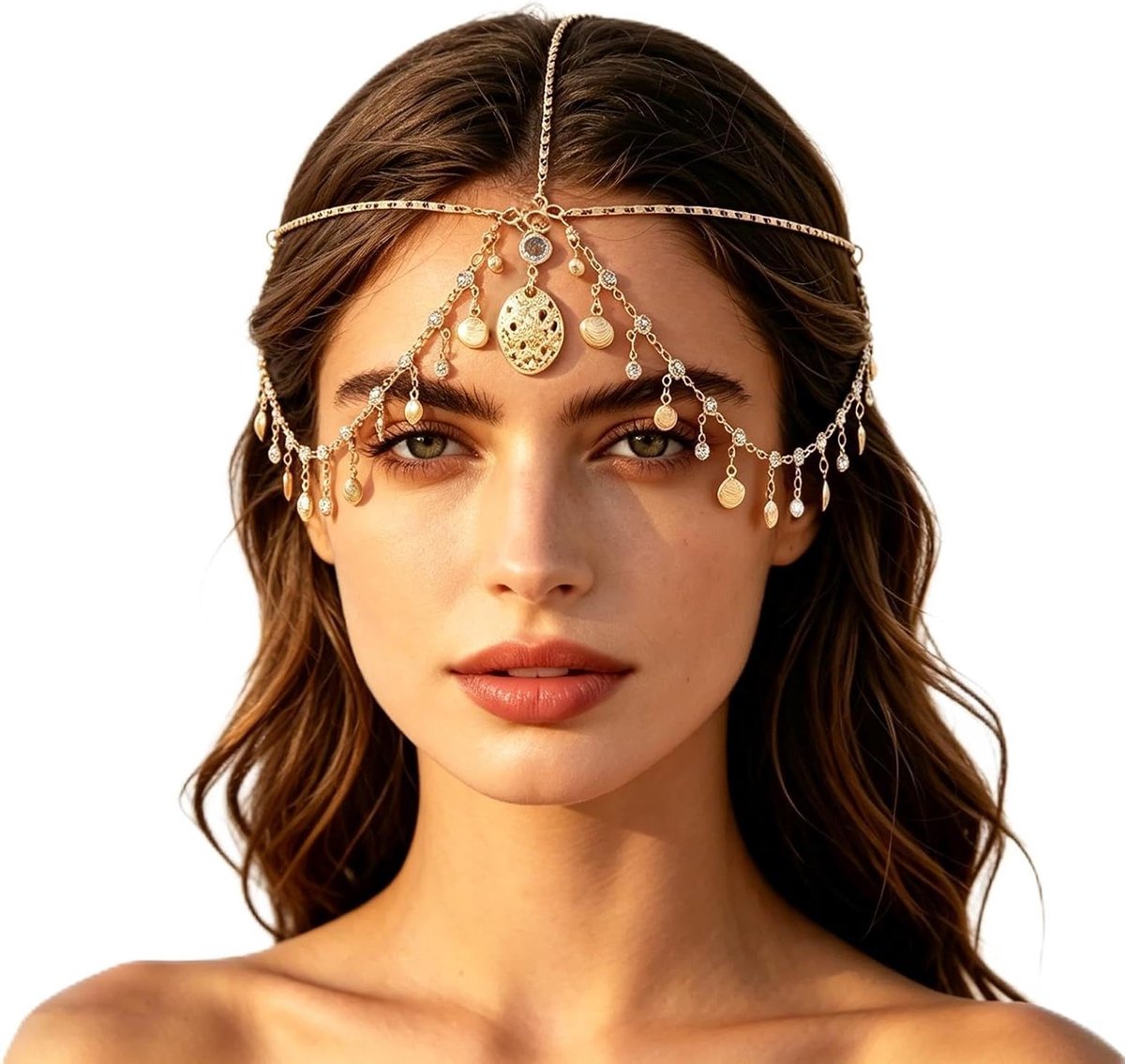 Hoofdketting in goud voor vrouwen – boho-stijl hoofdtooi met stras, pailletten en kwastjes, perfect voor festivals en speciale gelegenheden