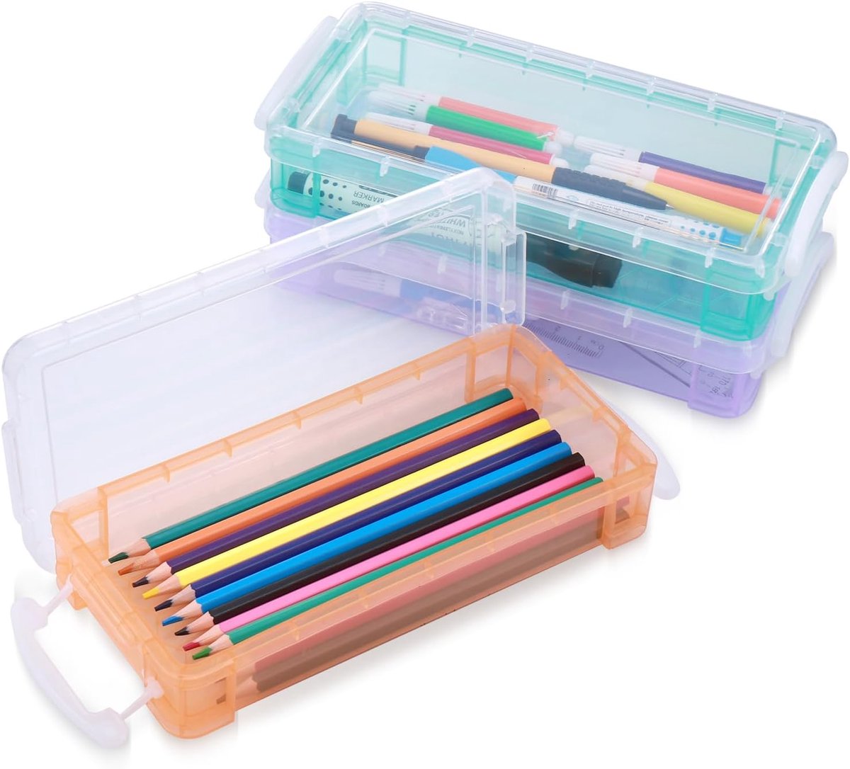 SnelShoppen - 3 Pcs Stapelbare Potlooddozen, Transparante Plastic Pennenbak met Klikdeksel voor School en Kantoorbenodigdheden, Organiser voor Teken-