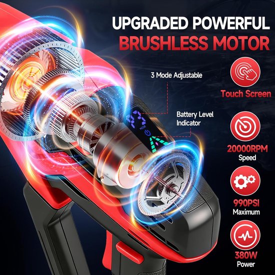 SnelShoppen - Draadloze Hogedrukreiniger 990 PSI - 380W Borstelloze Motor - 6-in-1 Mondstuk - Auto, Tuin, Wandreiniging - Compatibel met Milwaukee 18V van Snelshoppen — afbeelding 5