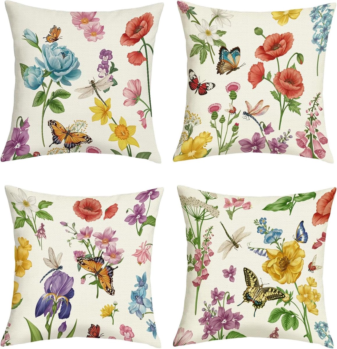 SnelShoppen - 45 x 45 cm Kussenhoezen Set van 4 - Decoratieve Bloemen en Vlinders - Polyester Linnen - Ideaal voor Woonkamer, Sofa, Stoelen, Lente en