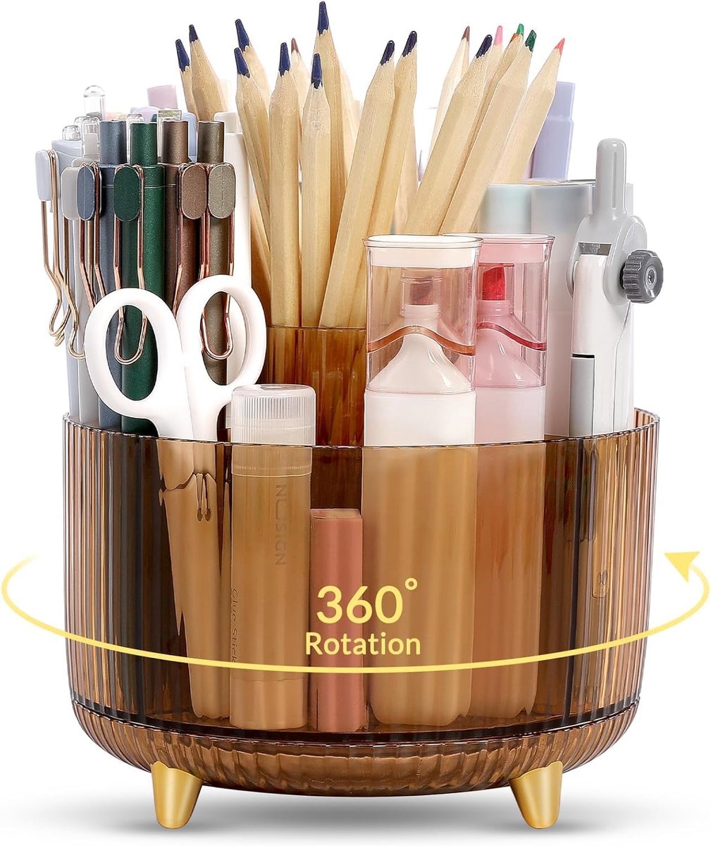SnelShoppen - Rotatable Pen Holder met 5 Compartimenten Bruin | Desk Organizer voor School, Kantoor, Badkamer en Thuis