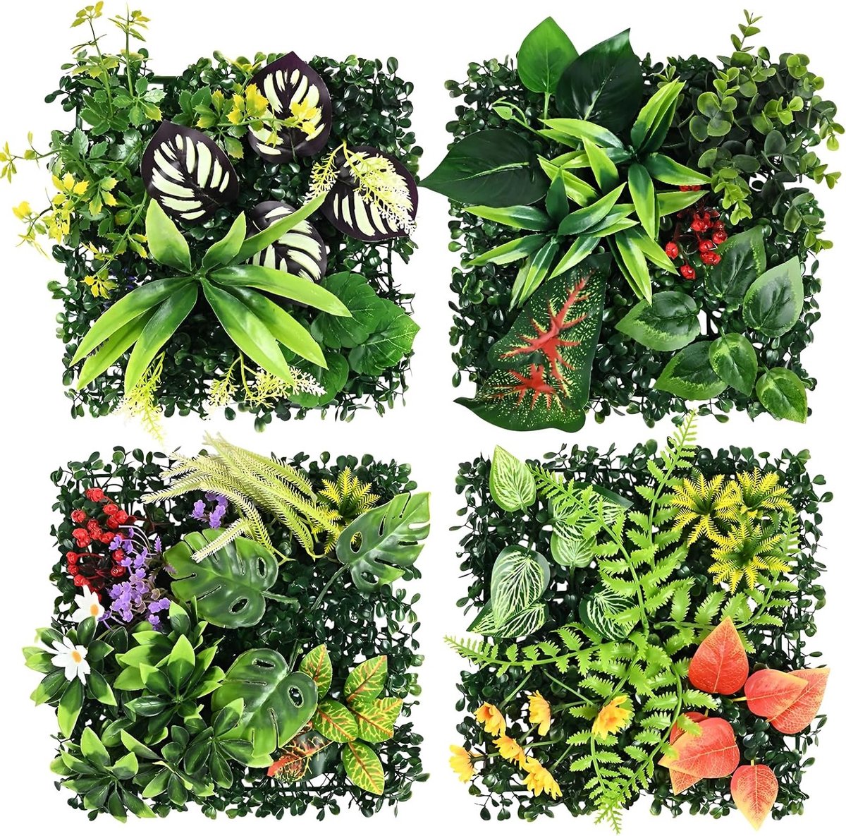 4 Stuks Verticale Tuin Decoratie, 25 x 25 cm Kunstgras voor Muur, Balkon en Buitenmuren, Zonwering en Groene Wand