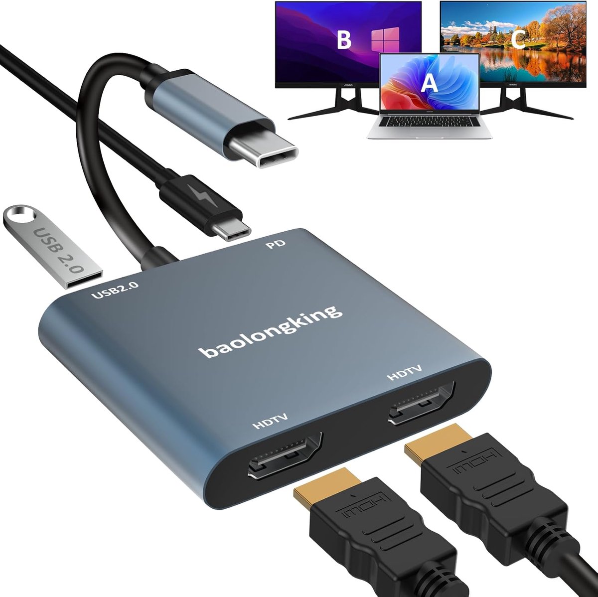 Thijox - USB C naar Dual HD Hub Adapter 4-in-1 Splitter voor 2 Monitoren, 4K @60Hz, USB2.0, PD 100W, Type C naar Dual HDMI Adapter Multiport voor MacB