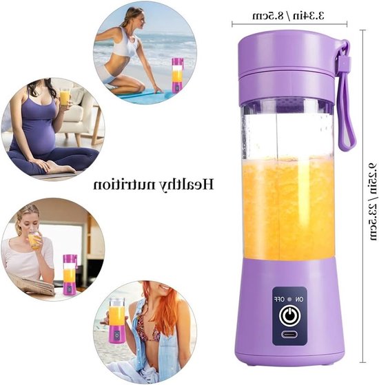 Draagbare Blender - USB Juicer Mixer - Smoothies Maken - Zes Roestvrijstalen Messen - 380 ml - Paars — afbeelding 3