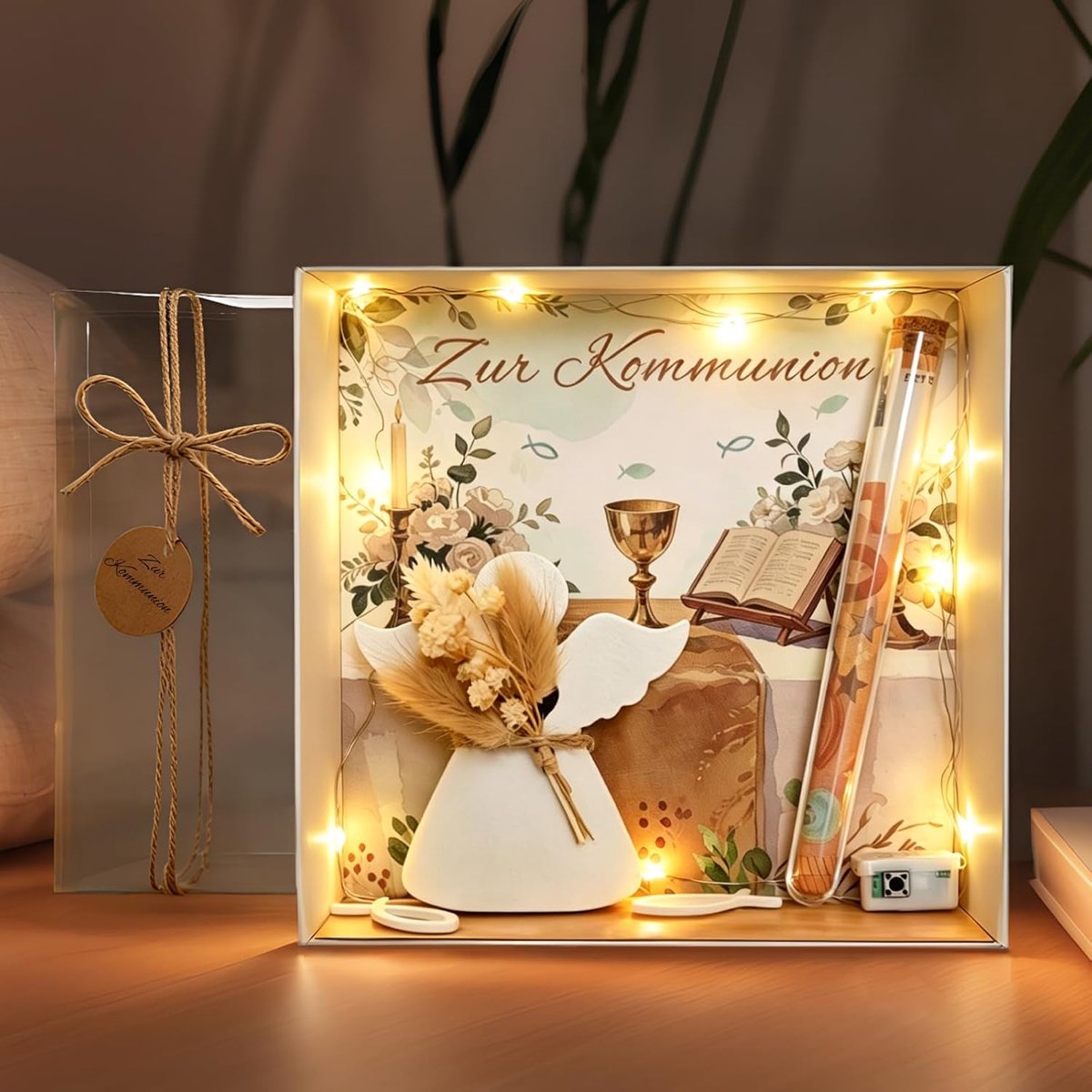 SnelShoppen - Unieke Communie Cadeaubox voor Jongens en Meisjes, Geldcadeau met Engel Ornament LED Snoerlicht in Testbuis, Eerste Communie Decoratie G