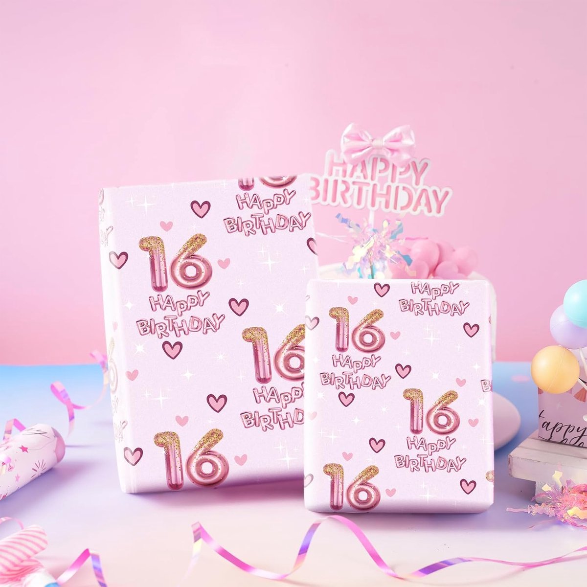 SnelShoppen - Inpakpapier Verjaardag Meisje 16 Jaar - Roze Ballonnen en Hartjes Design - Mini Rol 47 x 40 cm - Perfect voor Feestelijke Cadeaus