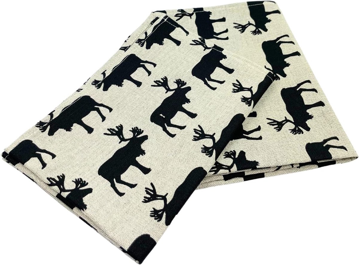 SnelShoppen - Set van 2 Gourmet Keukenhanddoeken, Katoen/Linnen, 50x70 cm, Half Linnen, Steenzacht, Jacquard of Gedrukt (Zwart Elch)