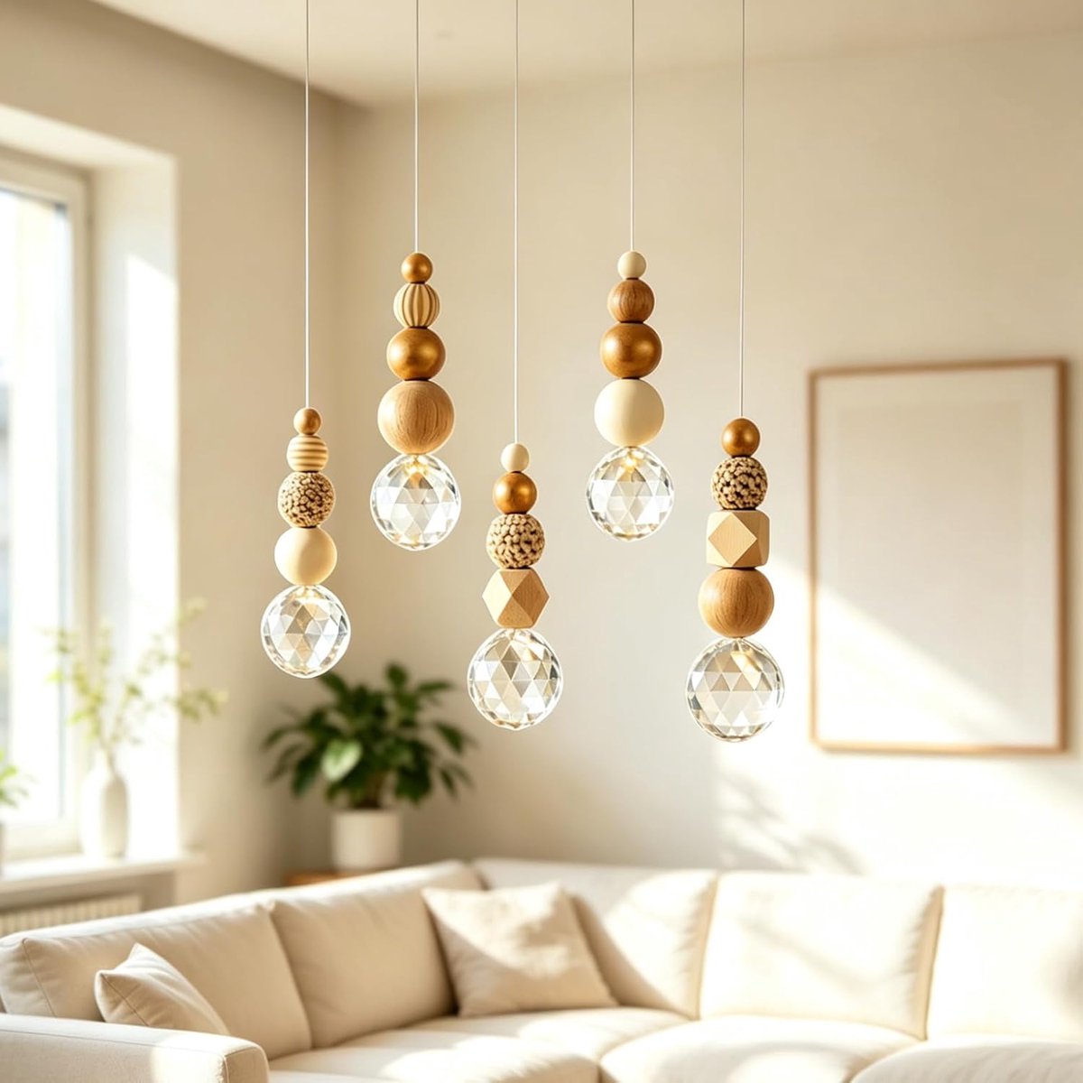 SnelShoppen - Set van 5 Kristallen Zonnevangers met Kristallen Bol en Houten Kralen - Raamdecoratie, Regenbooglichtspel, Scandinavische Hangdecoratie