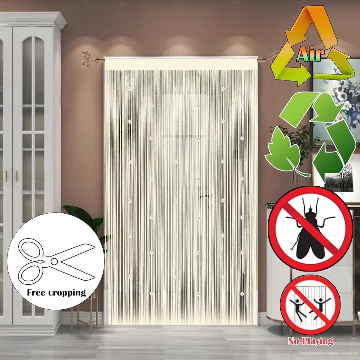 SnelShoppen - Taiyuhomes Bead Curtain voor Buiten & Binnen - Vliegen Gordijn, Insecten Scherm, Deurgordijn Champagne 90x245cm - Multifunctionele Decor