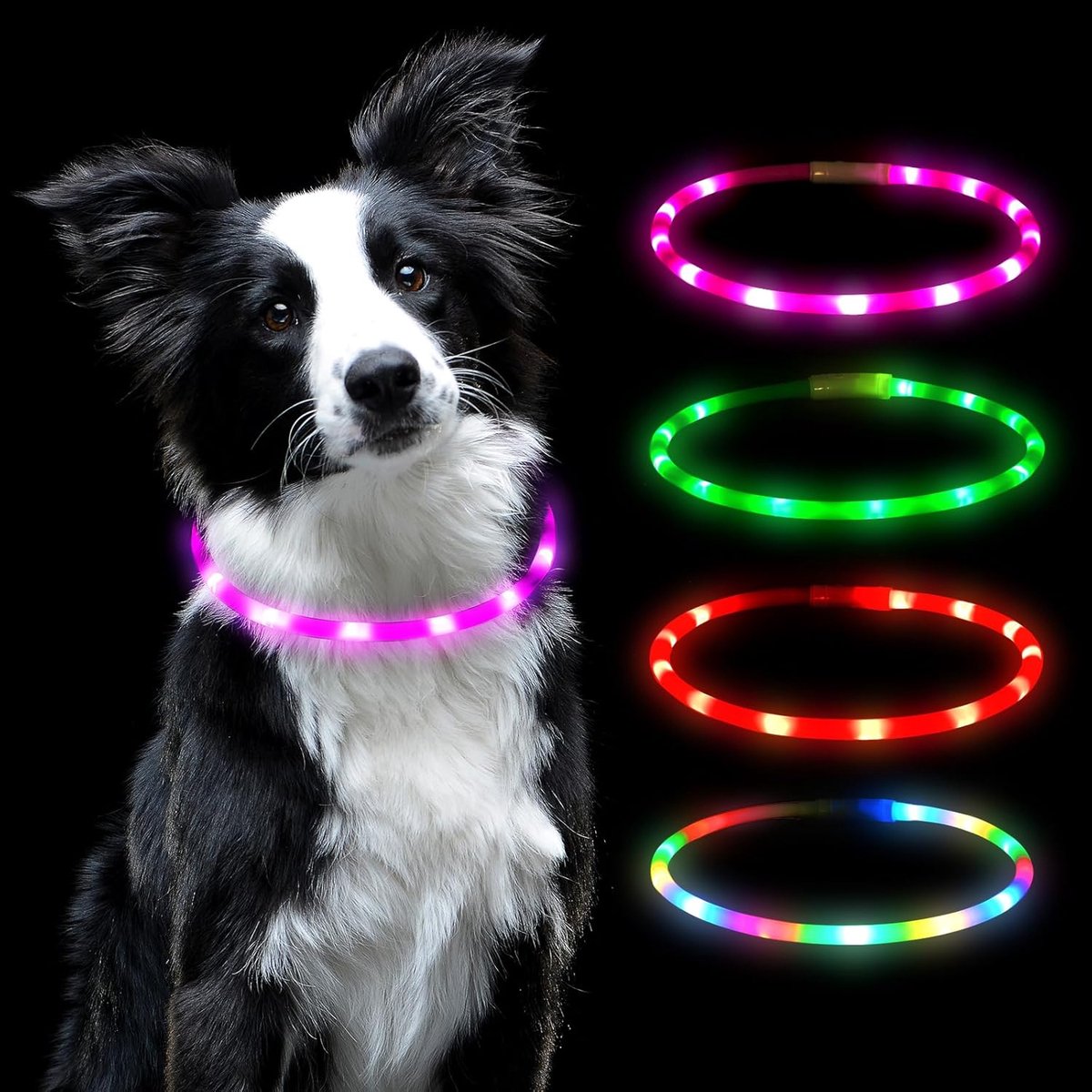 SnelShoppen - LED Oplichtende Hondenhalsband, USB Oplaadbaar en Waterdicht, Met Flitslicht voor Donkere Omgevingen, Aanpasbaar in Maat, 4 Lichtmodi