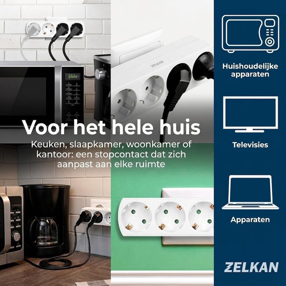 SnelShoppen - Ladron Stekkerdoos met 4 Horizontale Stopcontacten, Krachtige Socket Strip Zonder Kabel, Wit, Ideaal voor Keuken, Woonkamer en Kantoor