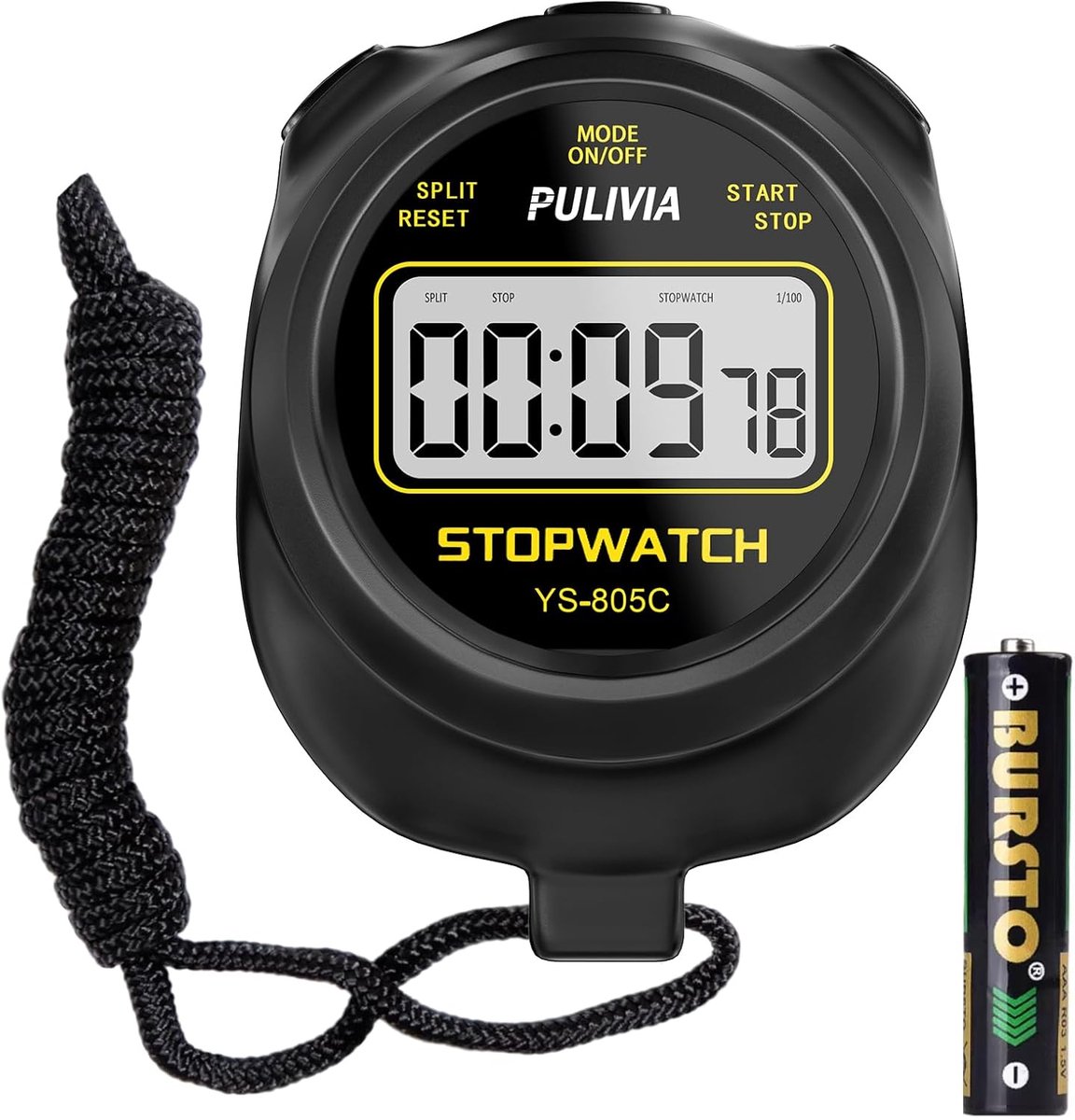SnelShoppen - Stopwatch Timer met Countdown, Digitale Stopwatch voor Sporten, Eenvoudige Bediening, Geluid, AAA Batterij Inbegrepen (Zwart)