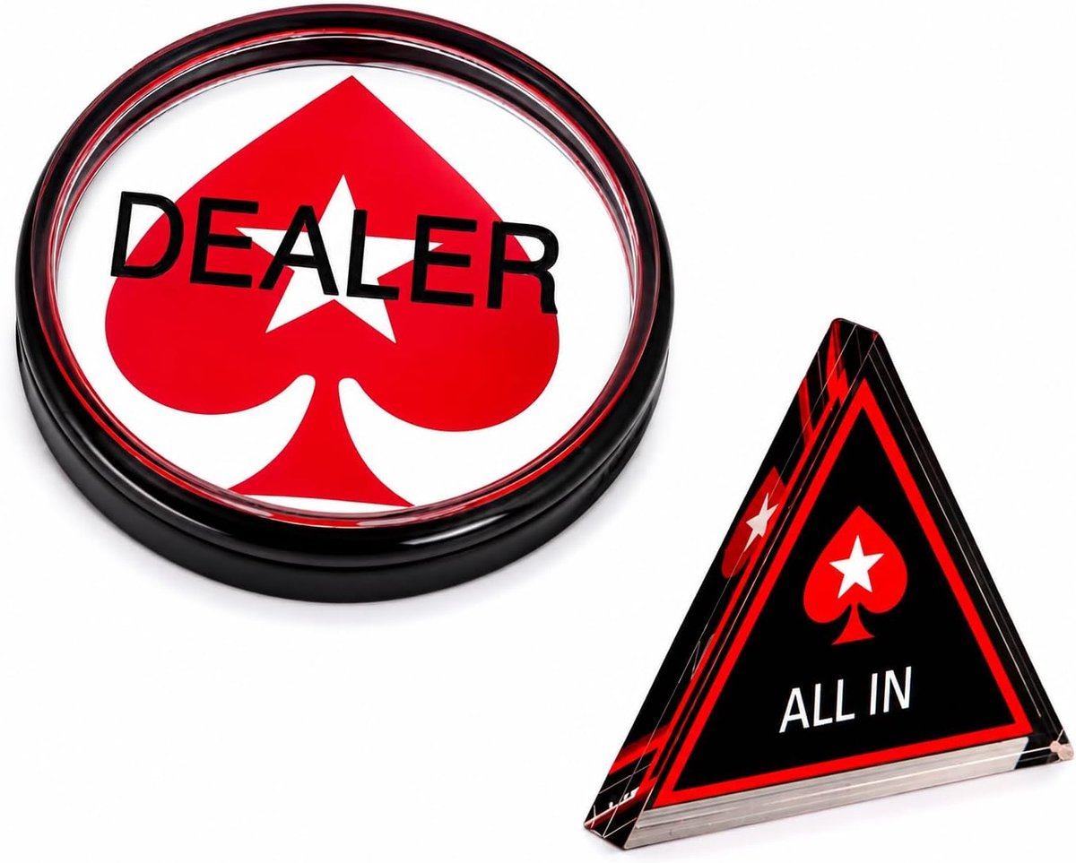 SnelShoppen - Poker Dealer Knop en All In Driehoek Set, Acryl, Rood en Zwart, Pokeraccessoires met Rode Sterren voor Feestelijke Avonden en Toernooien
