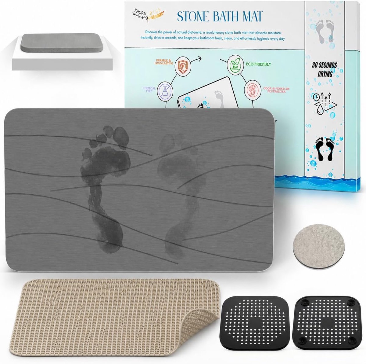 SnelShoppen - Diatomietsteen Badmat 40x30 cm - Sneldrogend, Antislip, Antibacterieel voor Badkamer, Douchemat - Donkergrijs, Ideaal voor Gezinnen en M