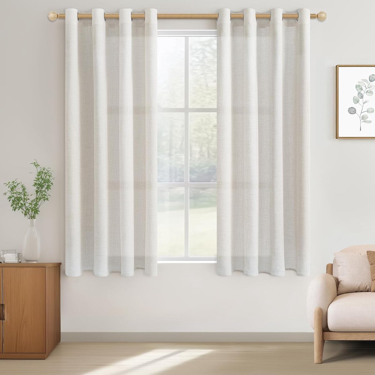 SnelShoppen - Linnen Gordijnen Set van 2 - Country House Stijl - Crème Kleur - Oogjes - Semi-Transparant - 137 cm Lang - 140 cm Breed - Voor Raam en B