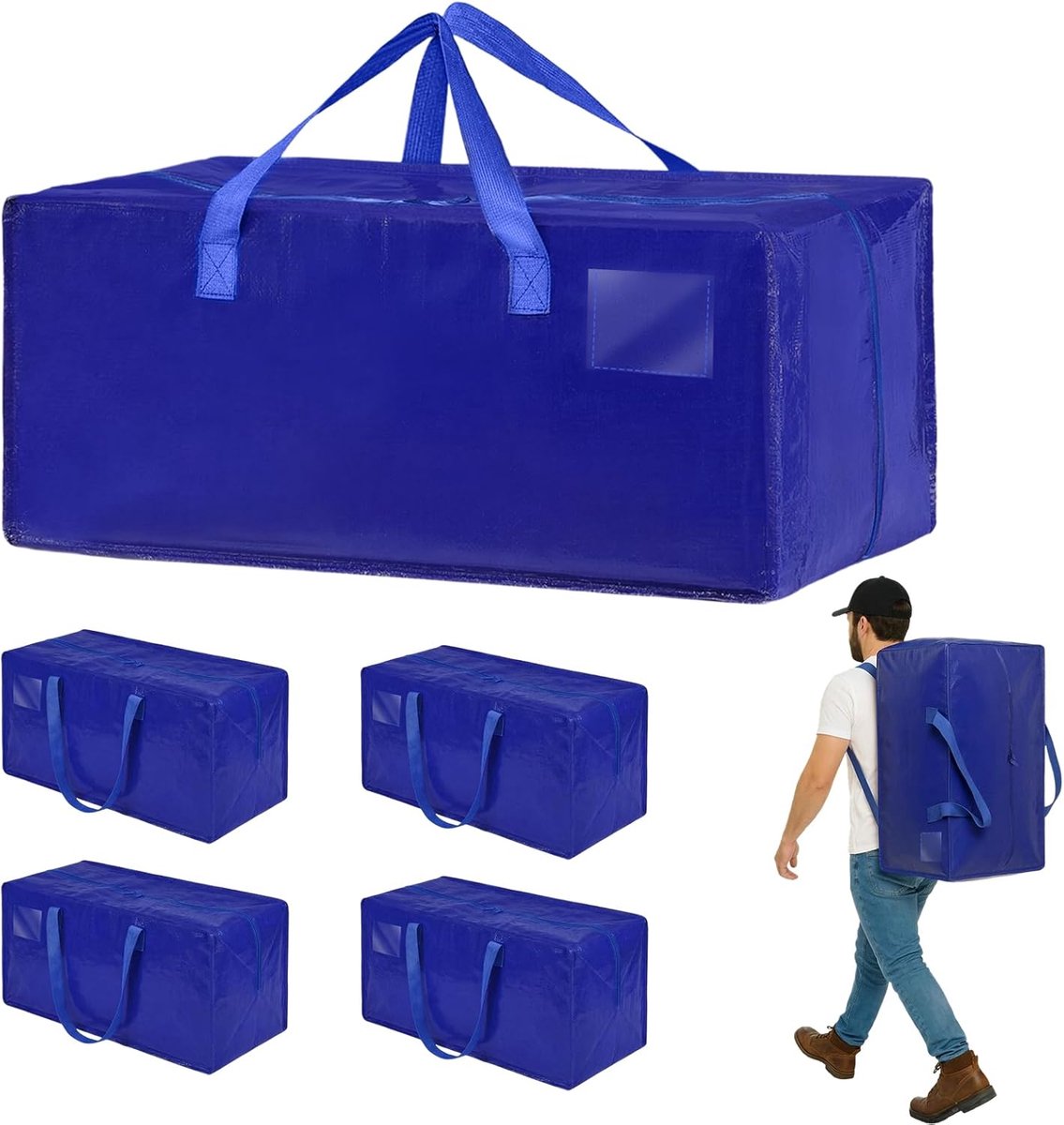 SnelShoppen - 4 Pack Opbergzakken 92L - Grote Verhuiszakken met Rugbanden - Waterdichte Opbergzak met Rits - Stevige Verhuiszakken voor Verhuizen, Ops