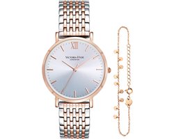 Victoria Hyde - "Primrose Classic Bicolor" cadeauset - Dames Horloge geschenkset - Dames Regal cadeauset met gratis roségoudkleurige armband - Polshorloge - Analoog - 33mm Doorsnee - Rosé goud zilver - met Cadeauverpakking