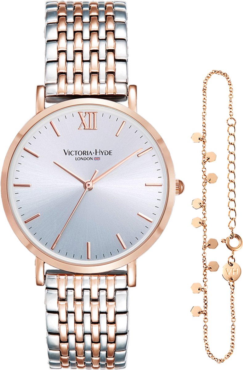 Victoria Hyde - "Primrose Classic Bicolor" cadeauset - Dames Horloge geschenkset - Dames Regal cadeauset met gratis roségoudkleurige armband - Polshorloge - Analoog - 33mm Doorsnee - Rosé goud zilver - met Cadeauverpakking