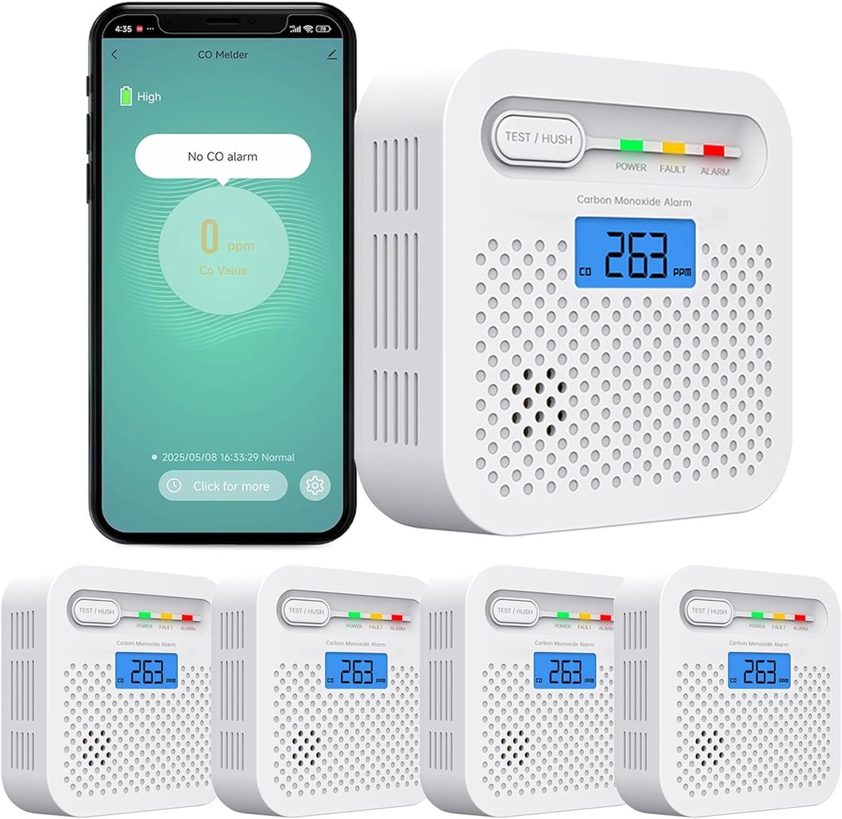 SnelShoppen - CO Detector WiFi - Koolmonoxide Melder 10 Jaar Batterij, CE EN 50291, 85dB Alarm, Real-time Push Notifications met Tuya & SmartLife App,