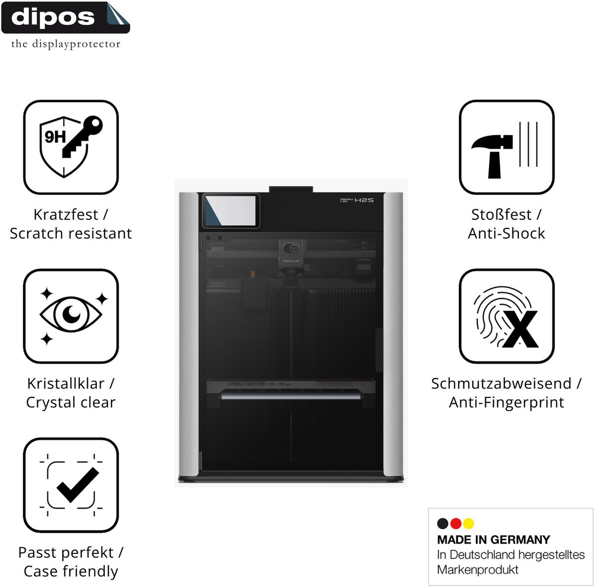 dipos – 2x Pantserfolie geschikt voor Bambu Lab H2S | 9H Screenprotector