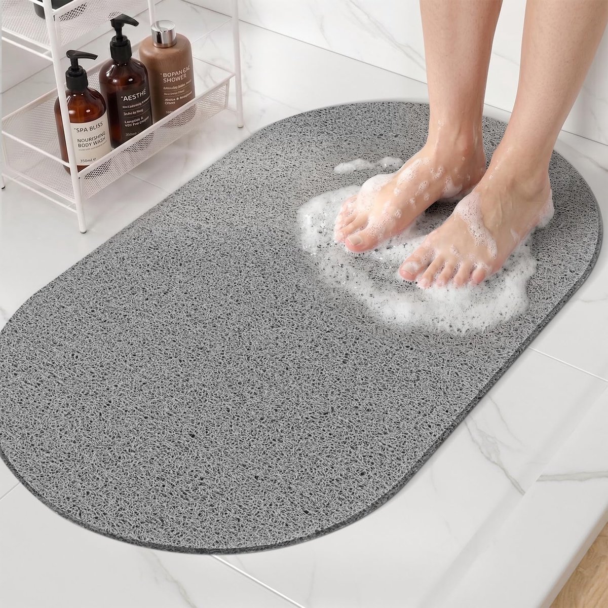 Ovale Douchemat - Badmat Sneldrogend - Veilig Douchen - Antislip Roosterstructuur - 69 x 40 cm - Grijs