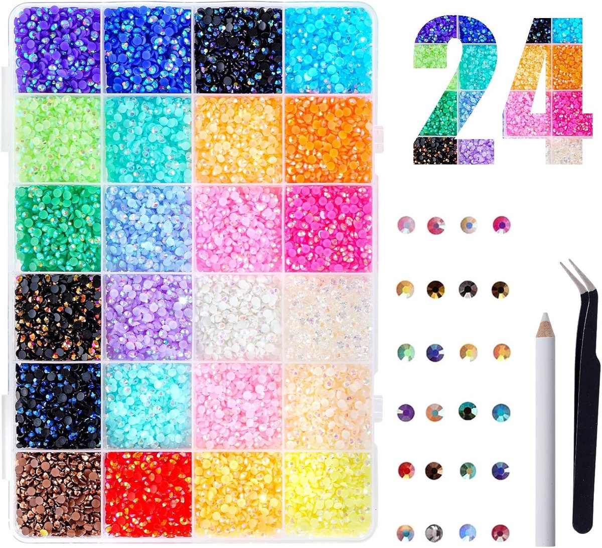 SnelShoppen - 19200 Stuks Nail Rhinestones, 24 Kleuren, 3 mm Glittersteentjes voor Creatieve Klussen, Ronde Decoratieve Steentjes met Pincet en Wax Pe