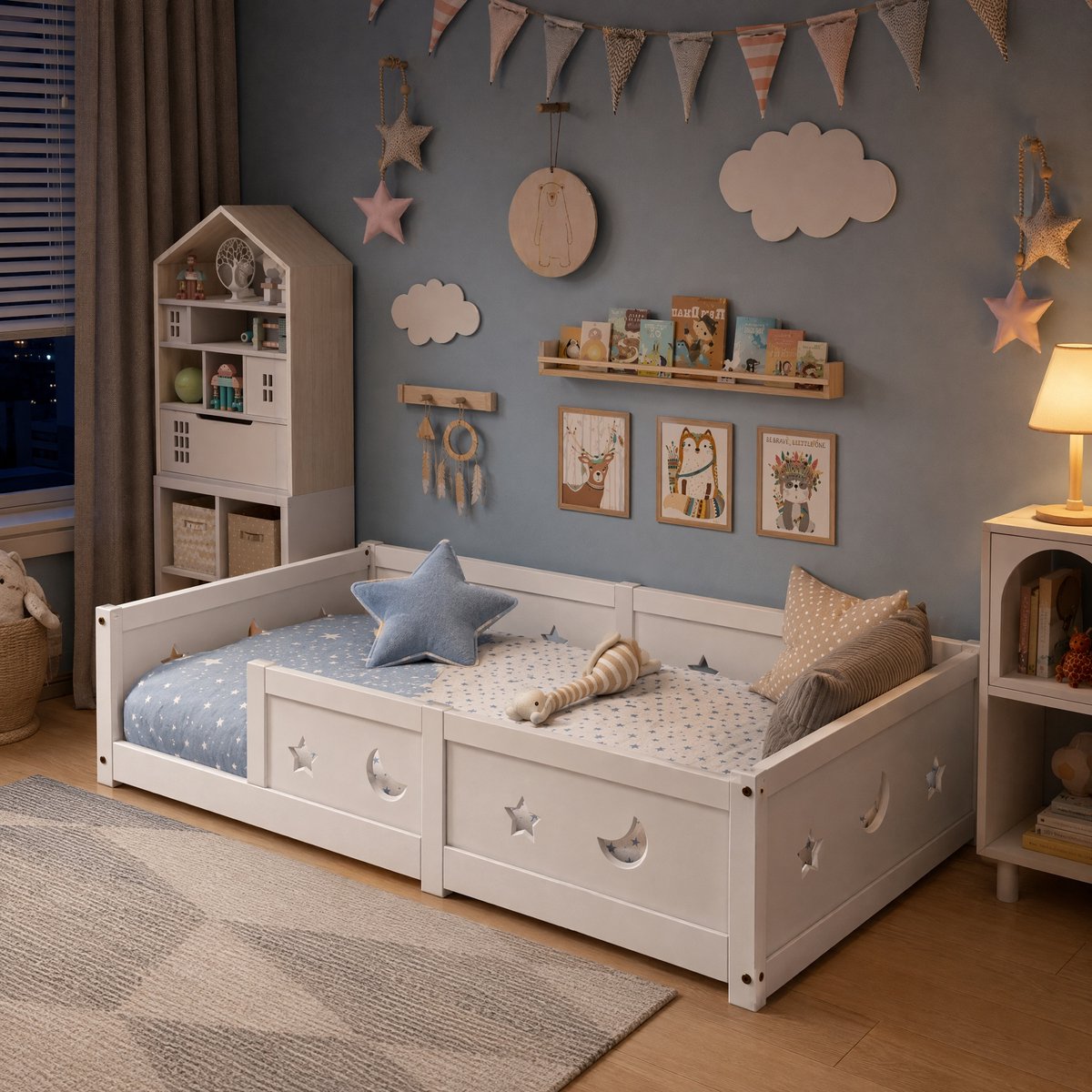 SHOPENTRA Montessori Kinderbed 90x200 cm – Houten Vloerbed met Volledig Veiligheidshek en Ster- & Maanuitsnede, Wit
