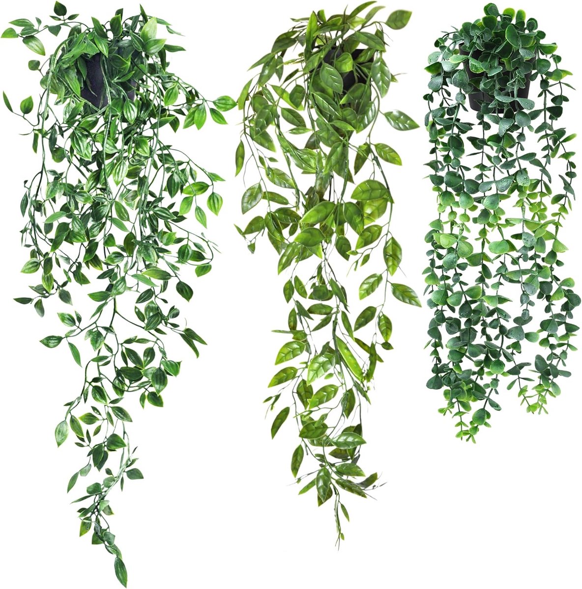 SnelShoppen - Set van 3 Kunstplanten met Pot - Hangende Kunstplanten 55-85 cm - Realistische Plastic Planten voor Binnen en Buiten - Tuin, Keuken, Sla