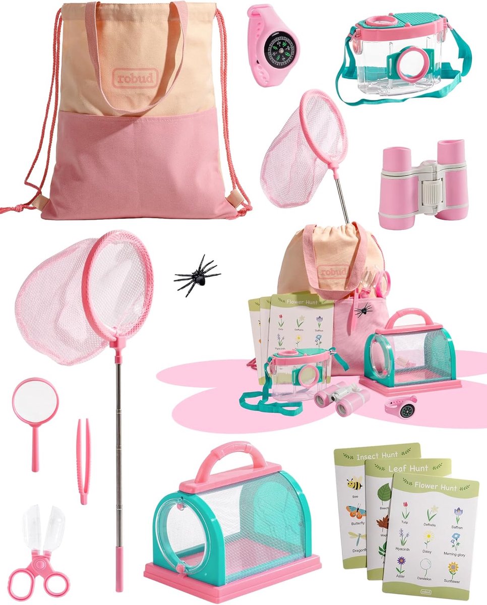 SnelShoppen - Outdoor Explorer-kit voor kinderen, 13-delige insectenvangset met kinderverrekijker, kompashorloge, vlindernet, vergrootglas, avontuur e
