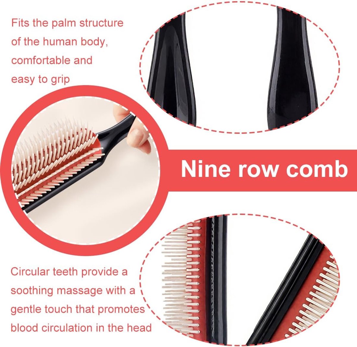 SnelShoppen - Curly Hair Brush D3 9 Row Styling Brush voor het Ontwarren, Scheiden, Vormen en Definiëren van Krullen - Lichtroze, Geschikt voor Dageli