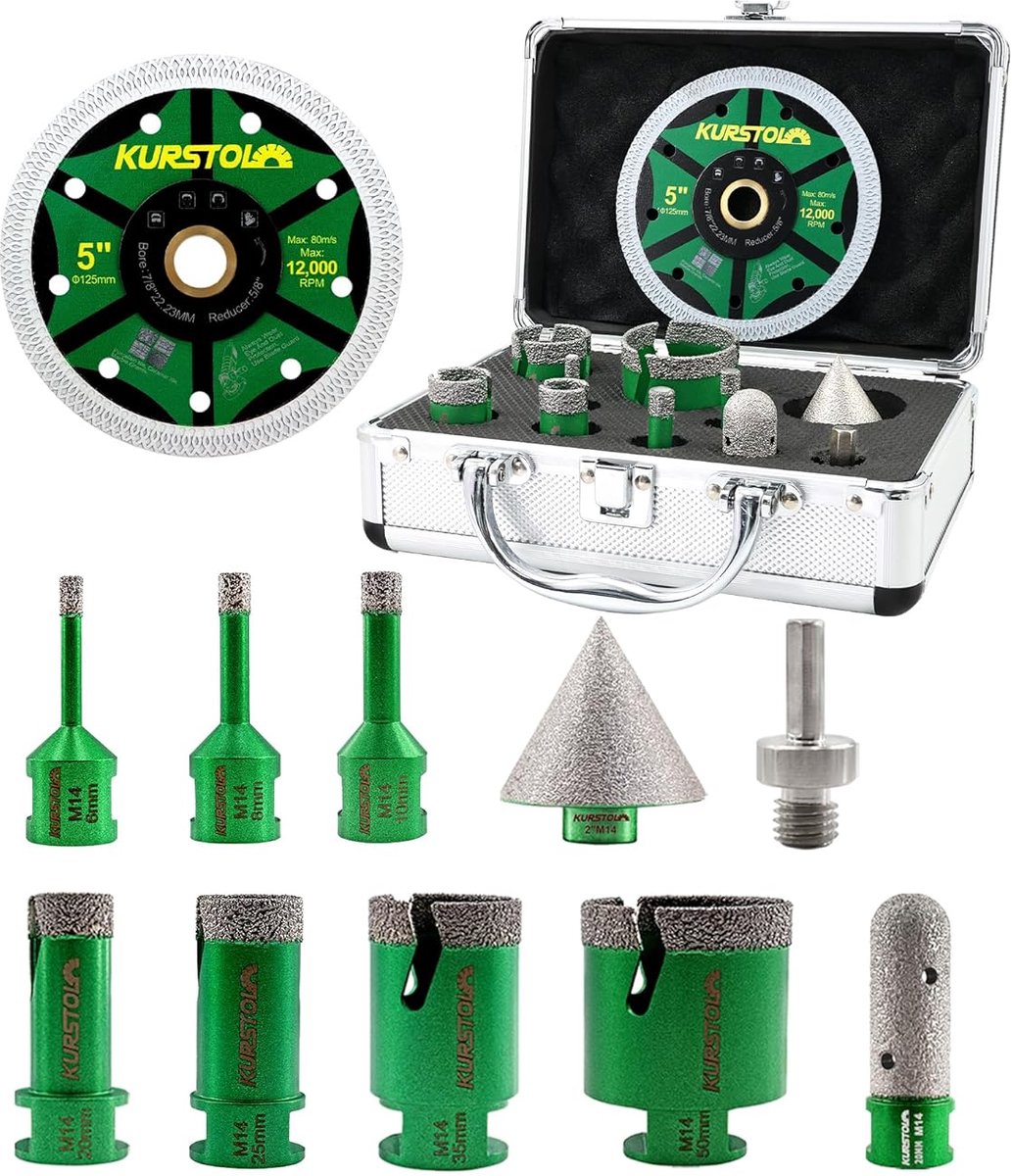 SnelShoppen - Diamond Boorset voor Porselein 11 Delen - Met 6/8/10/20/25/35/50mm Boorgaten, 20mm Frees, 50mm Kegelboor, 125mm Diamantschijf, Adapter v