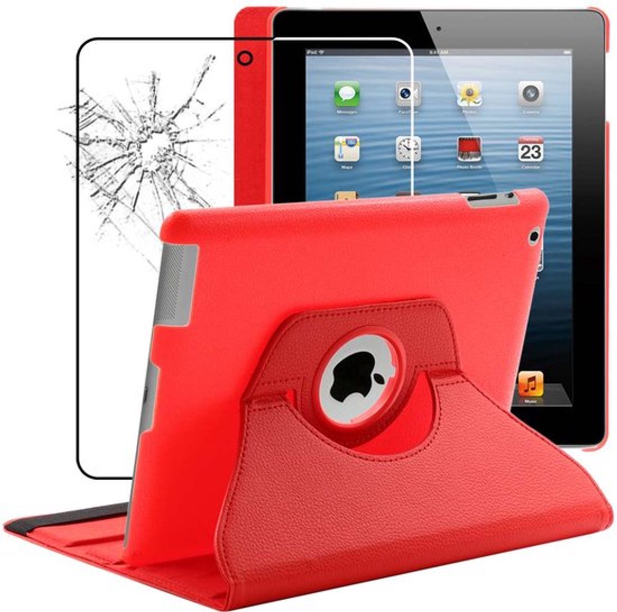 ebestStar - Hoes geschikt voor iPad 4 3 2 Apple, Roterende Etui, Case, 360° Draaibaar hoesje, Rood + Gehard Glas