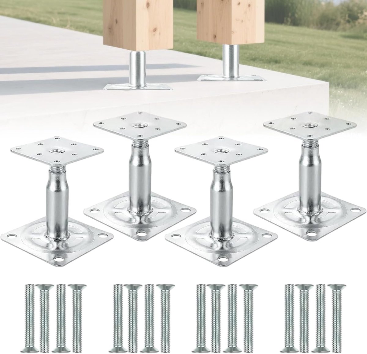 SnelShoppen - Set van 4 Verstelbare Poststeunen 100-145mm, Gegalvaniseerde Paalvoet voor Schroeven, Ondersteuningsvoet voor Hekken, Carport, Tuin, Per