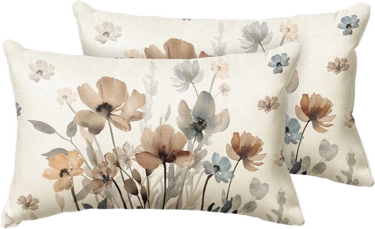Set van 2 Kussenhoezen met Bruine Poppy Bloemen voor de Lente - 30 x 50 cm Decoratieve Kussens voor Sofa en Buitenruimte