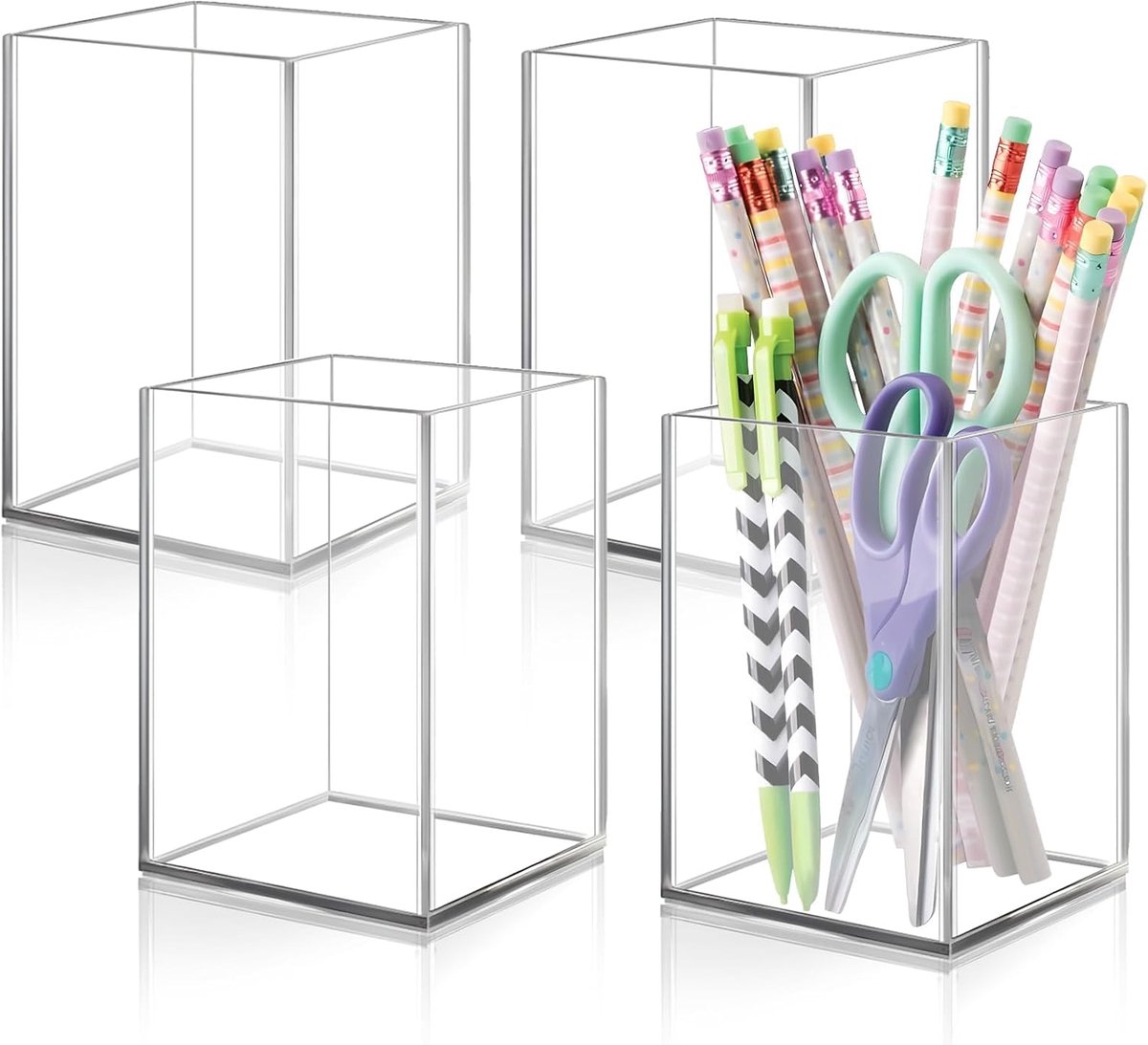 SnelShoppen - 4 Stuks Acryl Pennenhouder, Vierkante Desk Organizer, Transparante Make-up Borstelhanger, Bureau Accessoire voor School, Thuis, Kantoor,