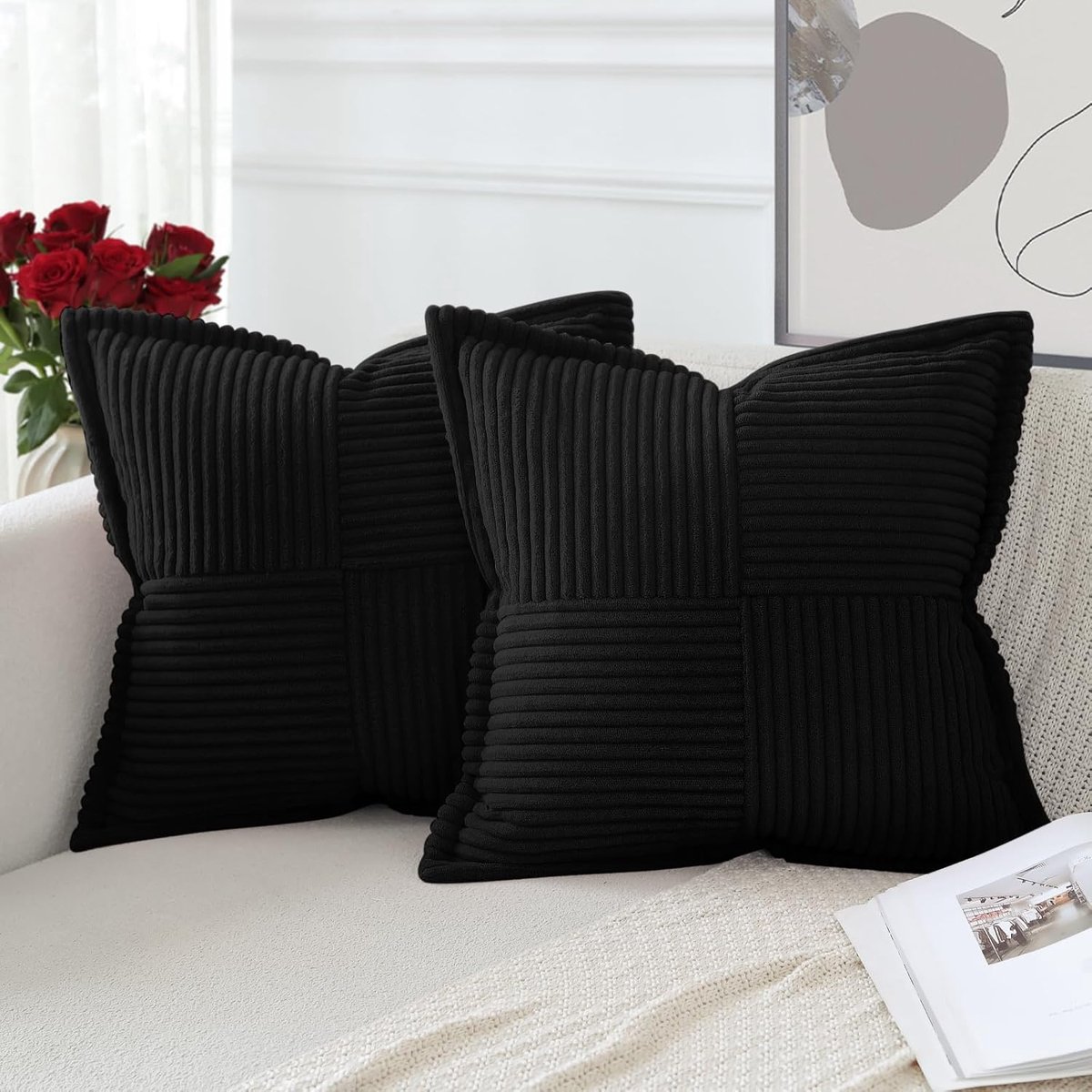 SnelShoppen - Set van 2 Moderne Corduroy Kussenhoezen 40x40cm, Zachte Decoratieve Kussens voor Sofa, Slaapkamer, Couch, Zwart, Patchwork Design