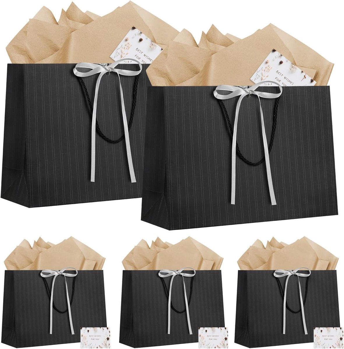 SnelShoppen - 5 Stuks Grote Cadeautassen Zwart 32x11x25cm met 5 Wenskaarten en 5 Seidenpapier - Cadeautassen voor Bruiloft, Verjaardag, Sinterklaas, K