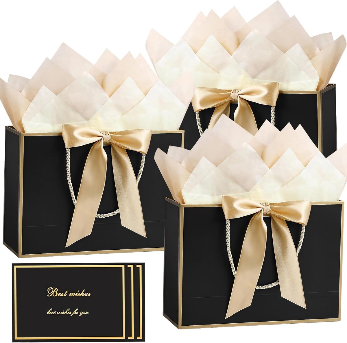 SnelShoppen - Zwarte Cadeauzakken met Handvatten, 3 Stuks Medium Papieren Cadeau Tassen, Inclusief 6 Tissuepapier en 3 Wenskaarten voor Verjaardagen,