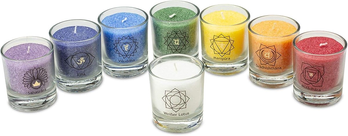 SnelShoppen - Chakra Set, 8 Stuks Geurkaarsen in 8 Kleuren, Langdurige Brandduur, Hoogwaardige Glas, Perfect voor Meditatie, Feest en Ontspanning