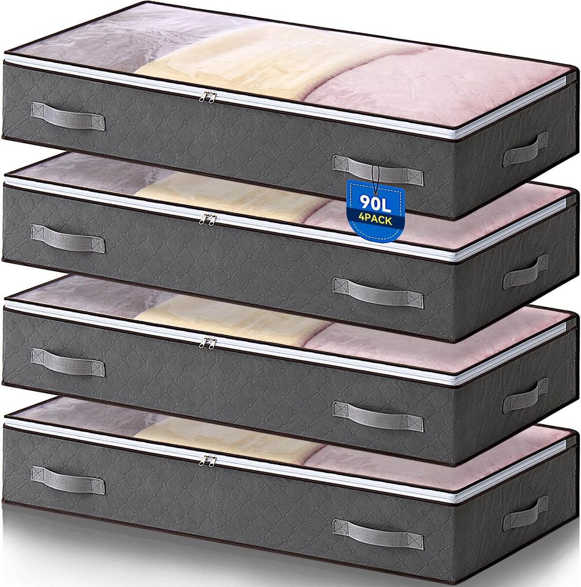 SnelShoppen - 4 Stuks 90L Onderbed Opbergzakken - Vouwbare Opbergtassen voor Kleding, Dekens, Kussens, Speelgoed - Grijs - Ruime Opbergruimte