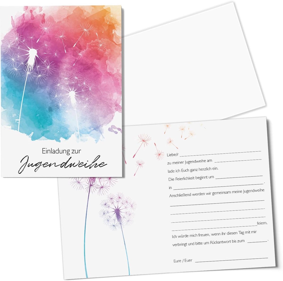 SnelShoppen - 15 Uitnodigingskaarten Jeugd in Pastel, DIN A6 Staand, Hoogwaardige Offset Papier, Inclusief Enveloppen, Dandelion Motief, Feestelijke K