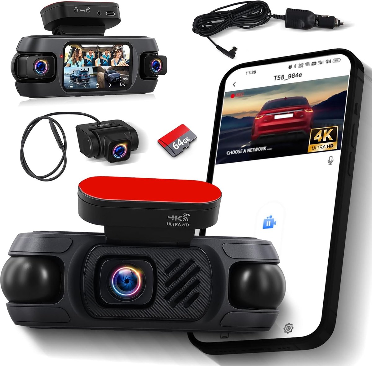 SnelShoppen - 360° Dashcam 4K voor Auto met WiFi, GPS, 1080P Interieurcamera, 64GB Geheugen, Compact en Onopvallend, Ideaal voor Veilig Autorijden