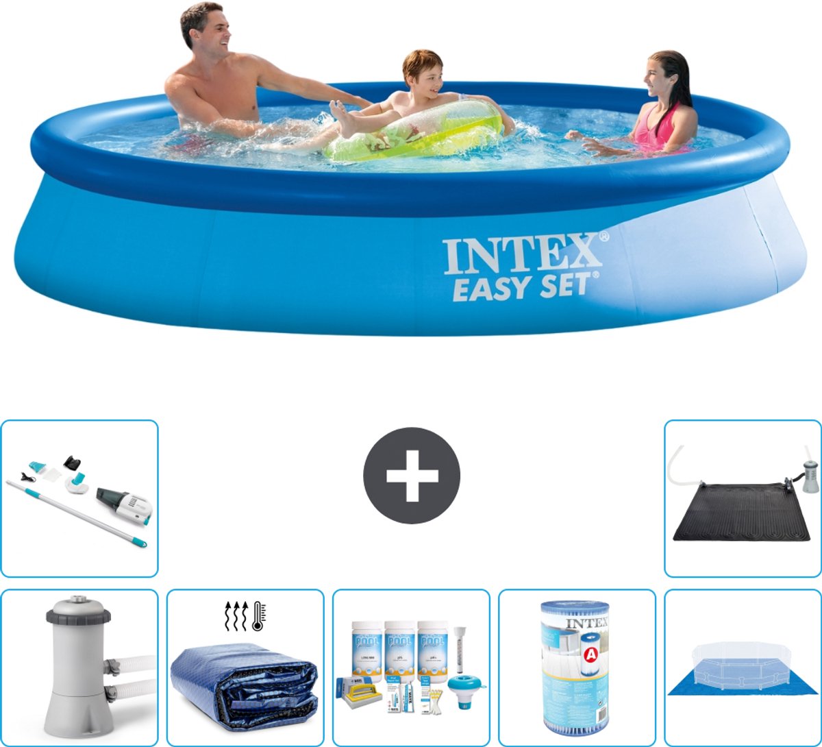 Intex Rond Opblaasbaar Easy Set Zwembad - 366 x 76 cm - Blauw - Inclusief Pomp - Solarzeil - Onderhoudspakket - Filter - Grondzeil - Stofzuiger - Solar Mat - 8-delig