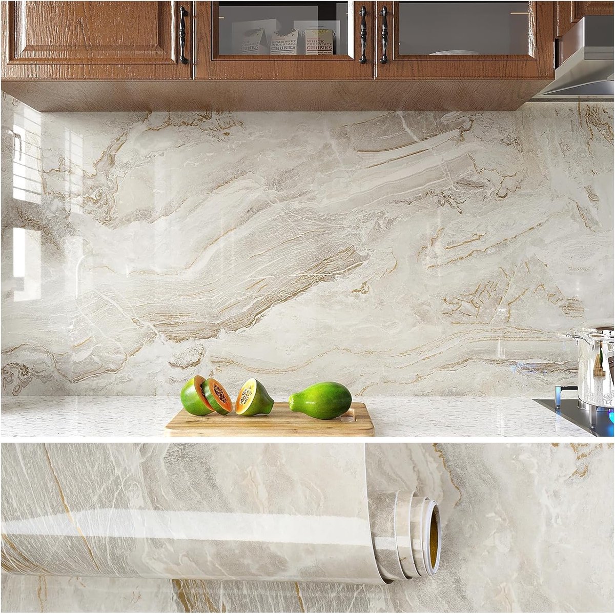 Beige Marmer Glanzend Contactpapier voor Keuken en Badkamer - Zelfklevend Vinyl voor Muren, Werkbladen en Meubels - Waterdicht en Duurzaam 40cm x 300cm